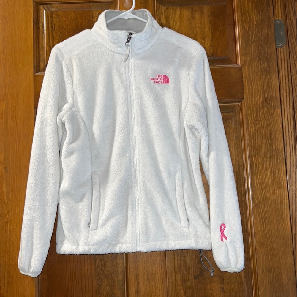 The North Face women’s white fur zip up breast cancer version
